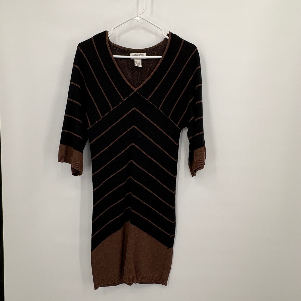 MSSP Max Studio Black Brown Chevron Stripe V-Neck Knit Sweater Dress Tunic XS